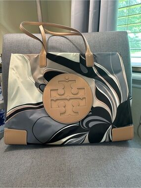 Tory Burch Multicolor Swirl Logo Tote with Tan Trim